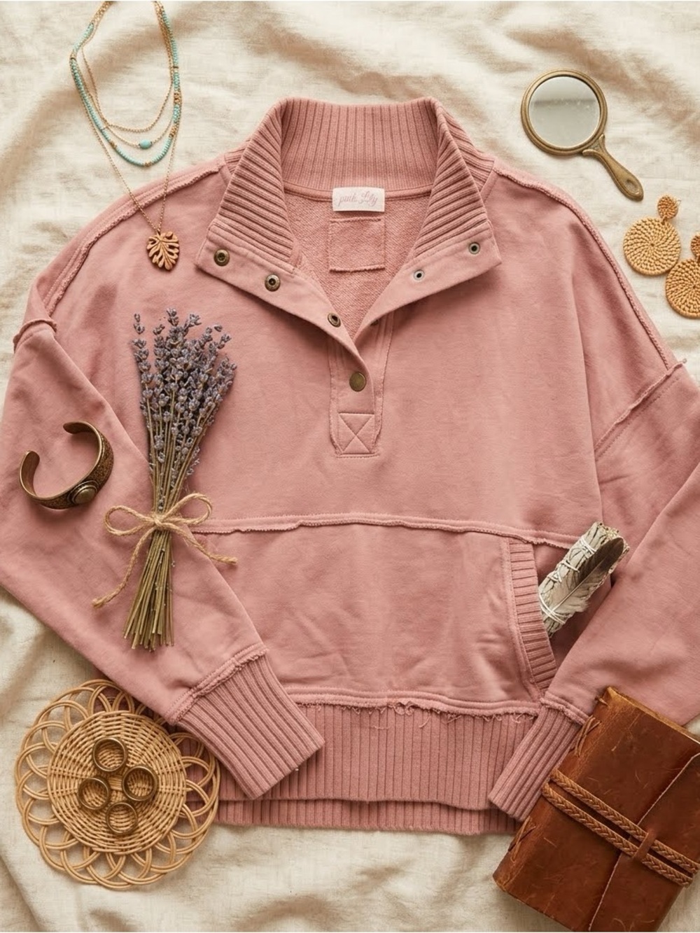 Pink Lily Mauve Pullover Quarter Button Top